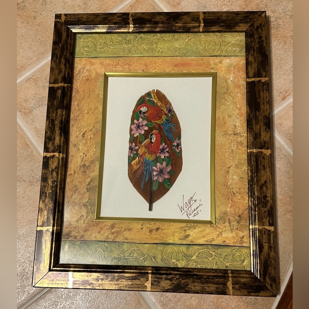 Hand Painted Tropical Parrots on Feather Artist Wago Signed Panama Framed